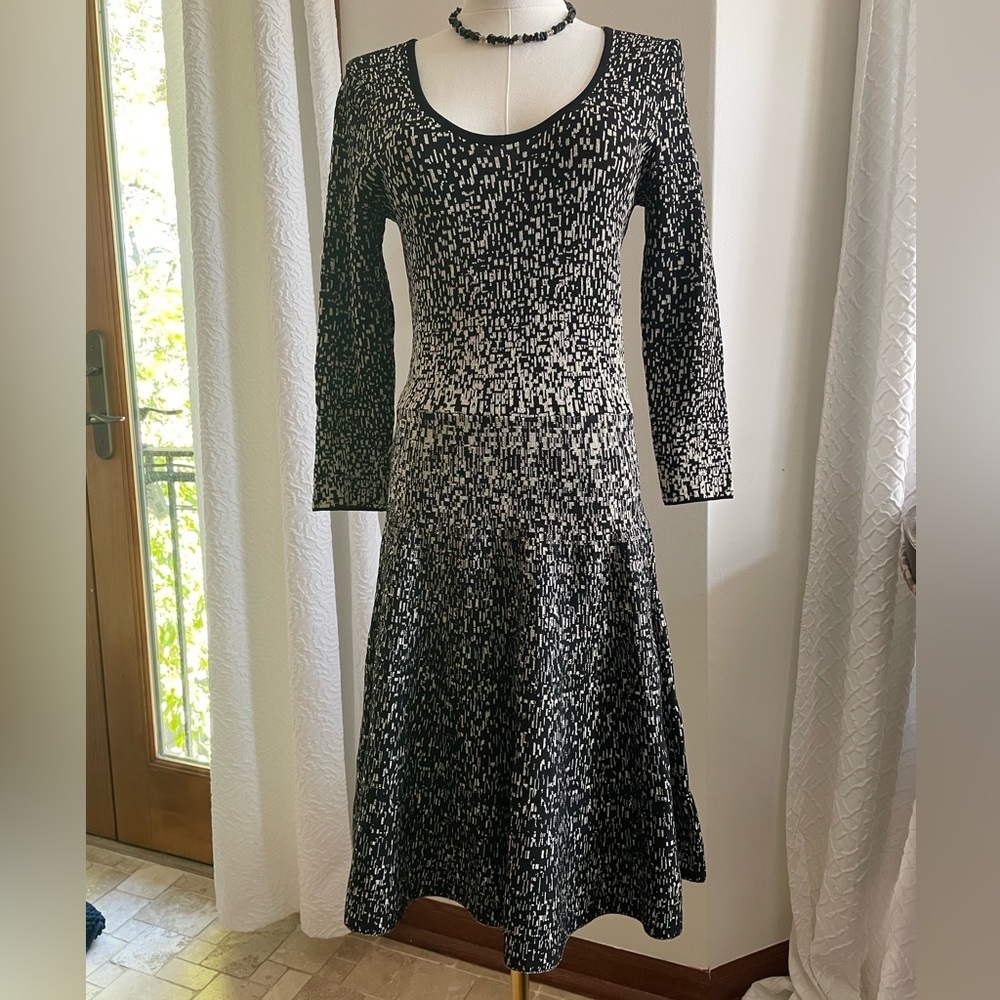 Carmen Marc Valvo Sweater Knit Small Elegant Black and Gold A Line Dress